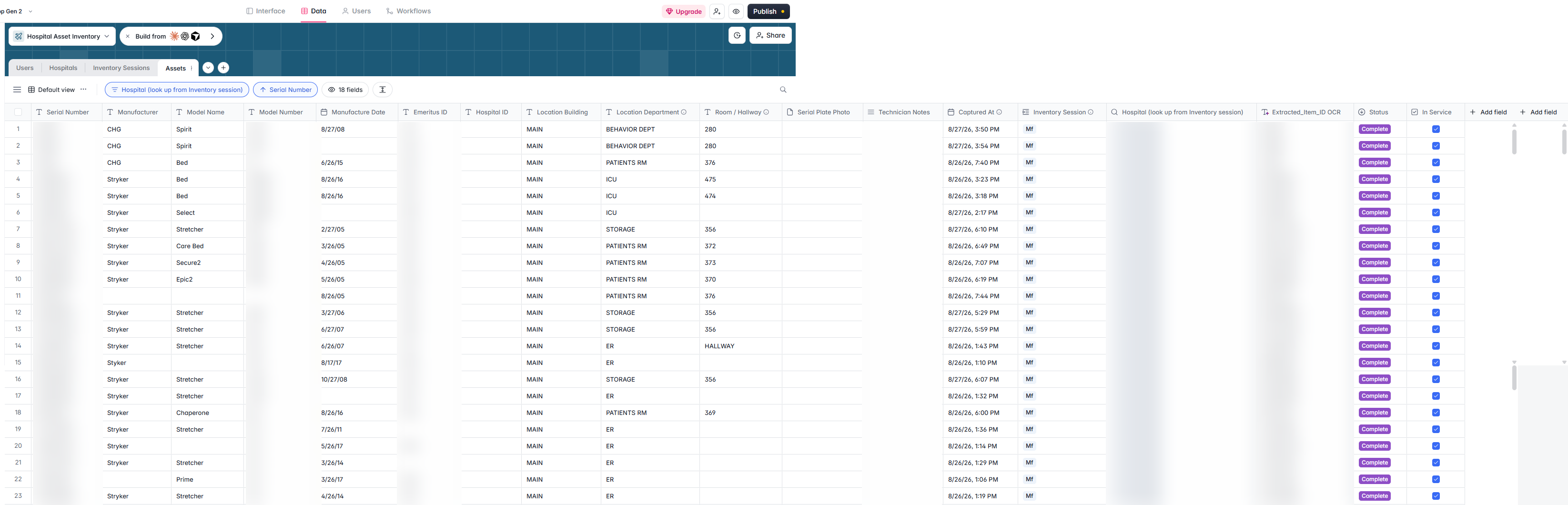 Equipment database table with status, location and in service columns; private rows hidden