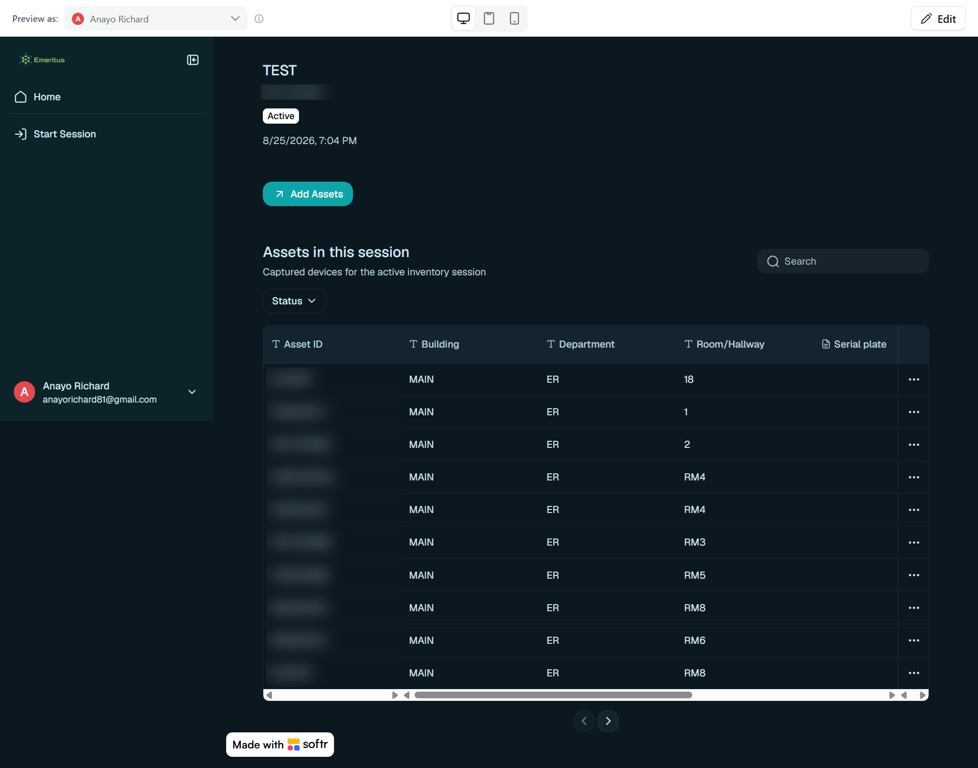 Emeritus assets in the current session, searchable and filterable by status; private details hidden