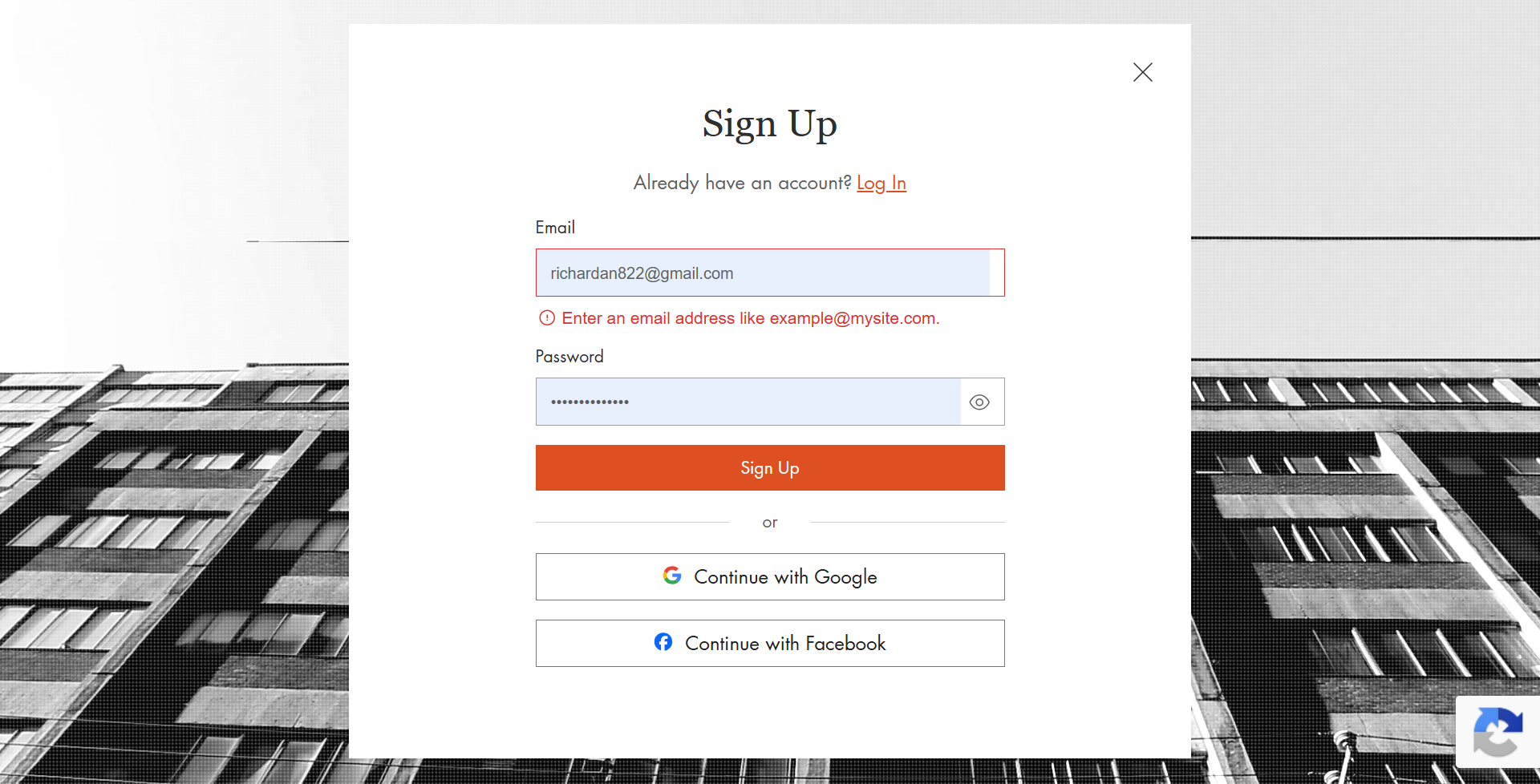 Serrani Properties account registration screen with private fields hidden