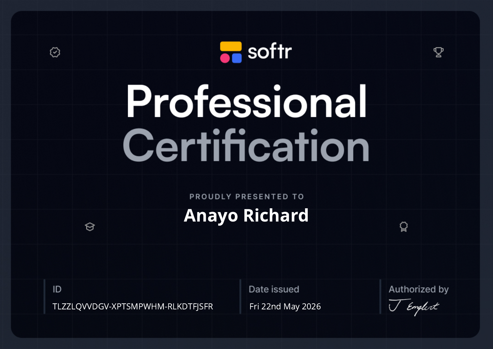 Softr Professional Certification presented to Anayo Richard